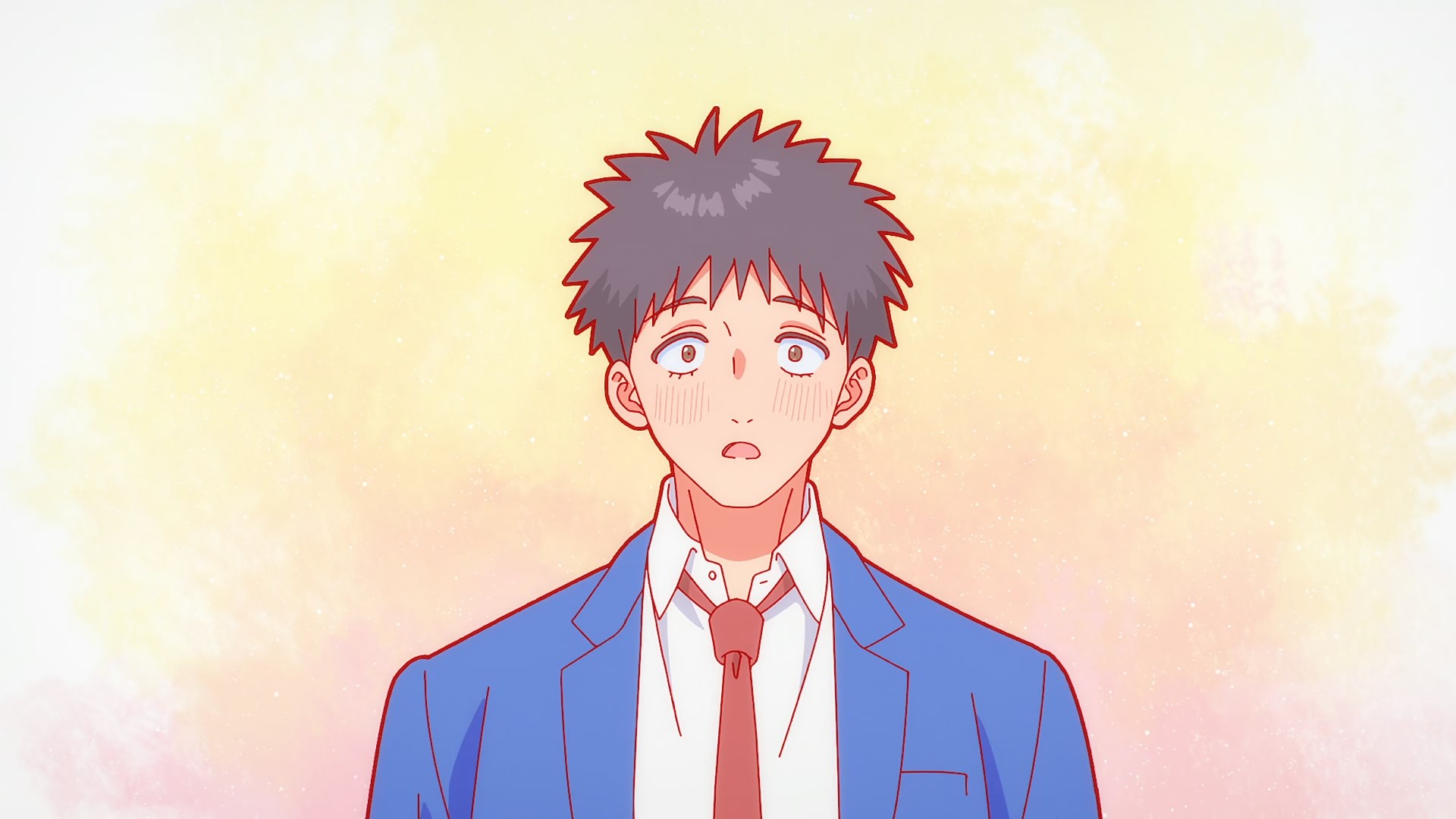 A dull looking high school boy blushing slightly, with spiky hair